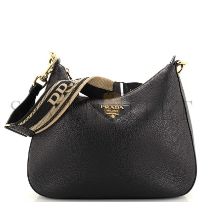 PRADA LOGO STRAP SHOUDLER BAG LEATHER MEDIUM BLACK 1BC178 (32*25.5*7.5cm) 